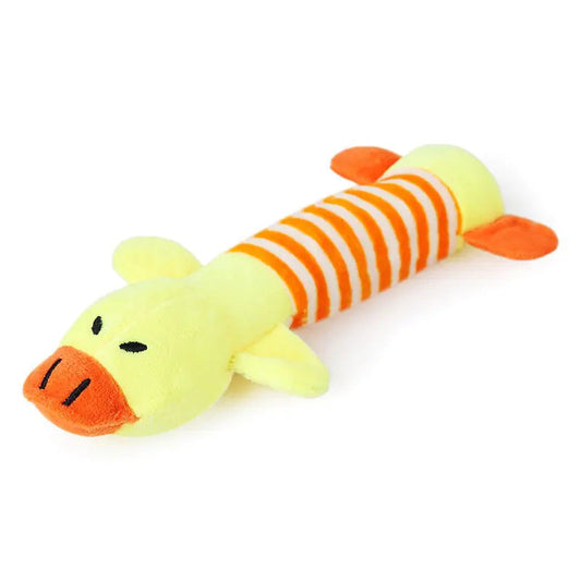 Plush toy shaped like a yellow duck with an orange beak and striped body on a white background.