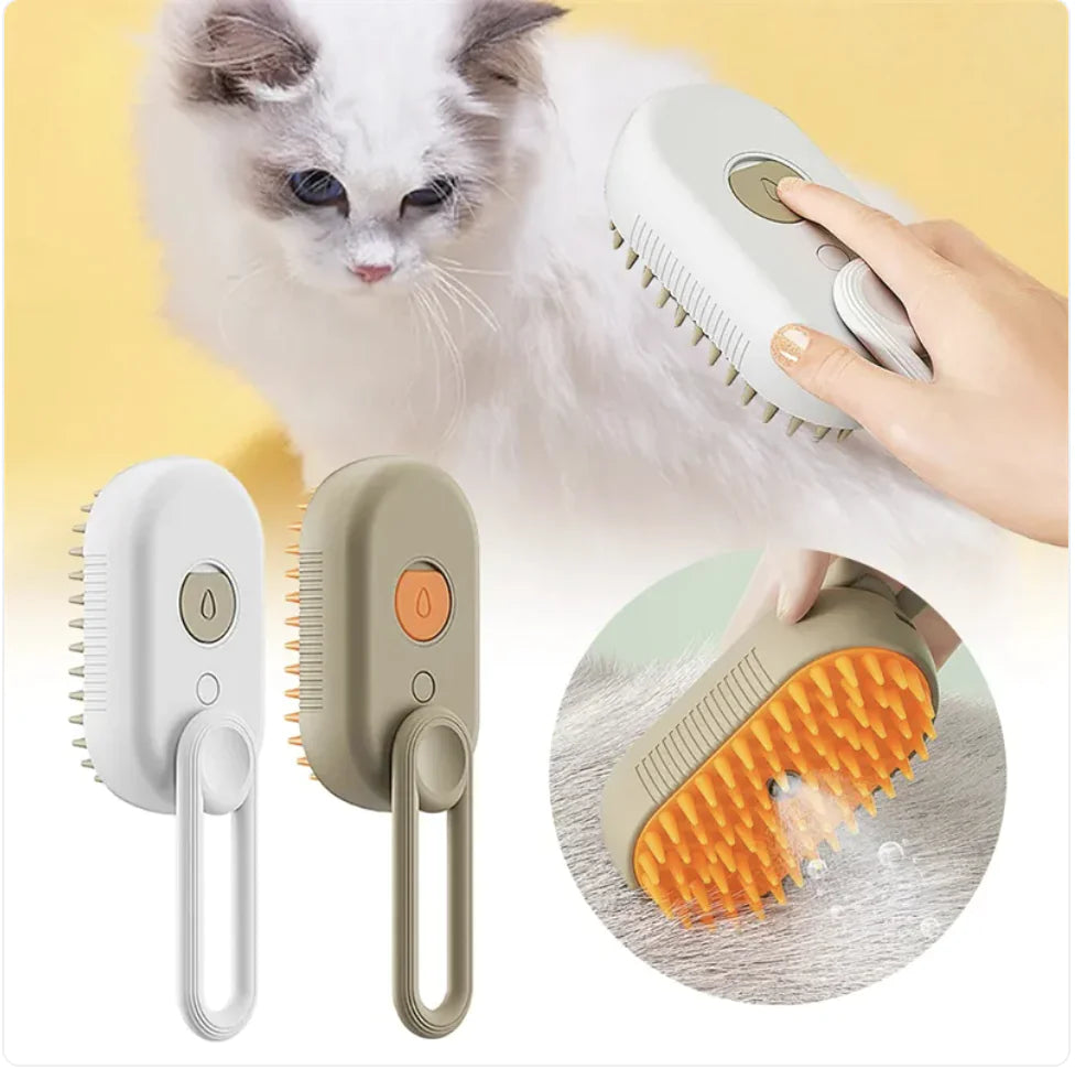 Pet grooming brush set with a cat and a hand using one of the brushes on a yellow background.
