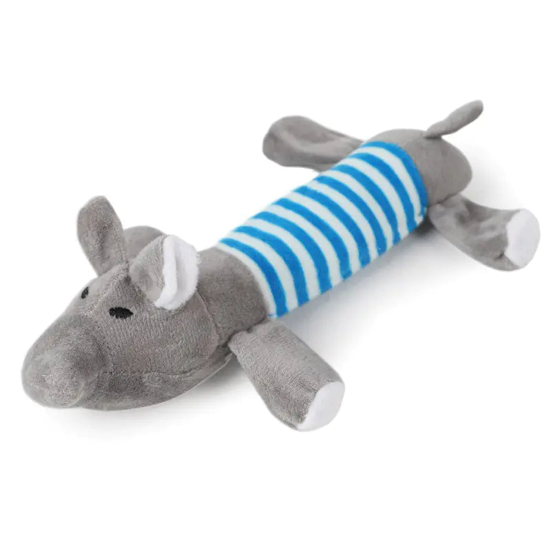 Grey elephant plush toy with a blue striped neck on a white background
