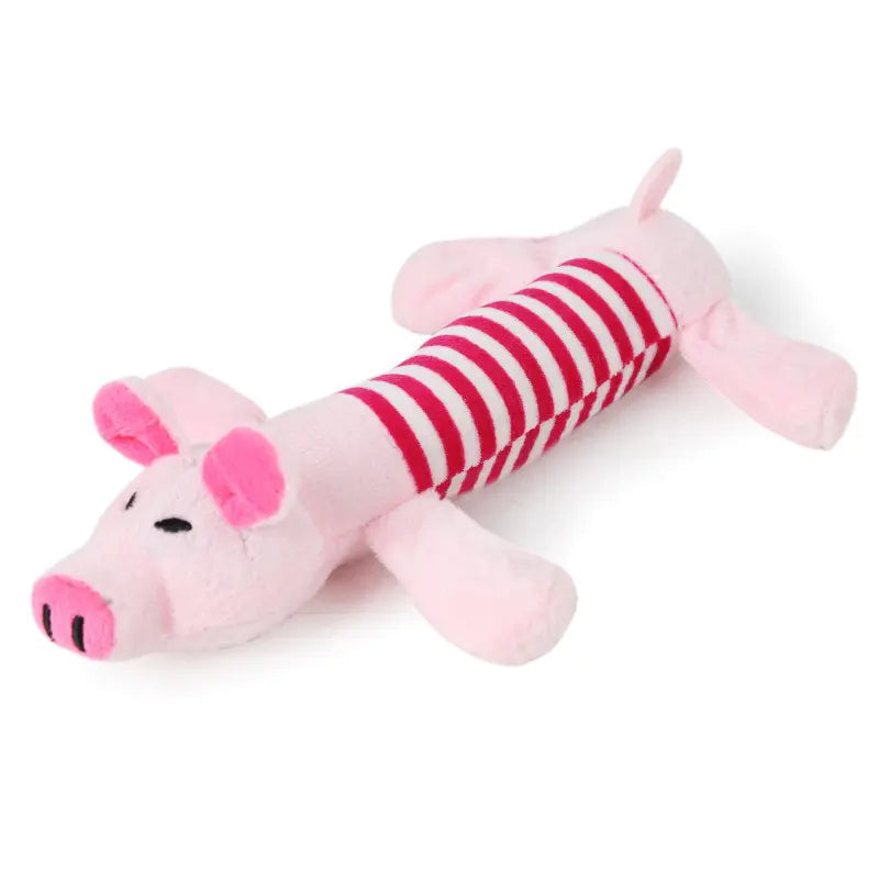 Pink plush toy resembling a pig with red striped body on a white background